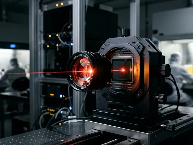 Telecentric optical alignment bench and laser calibration