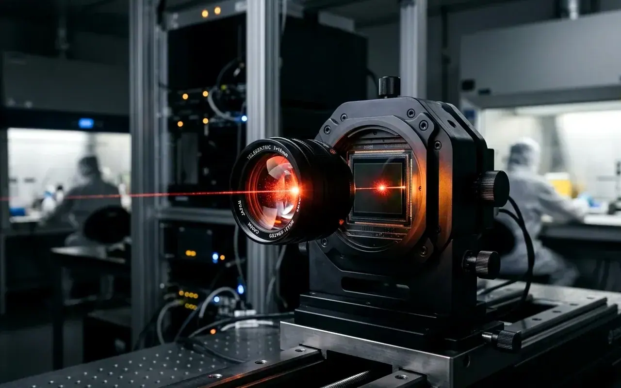 Telecentric optical alignment bench and laser calibration for physical AI defect detection
