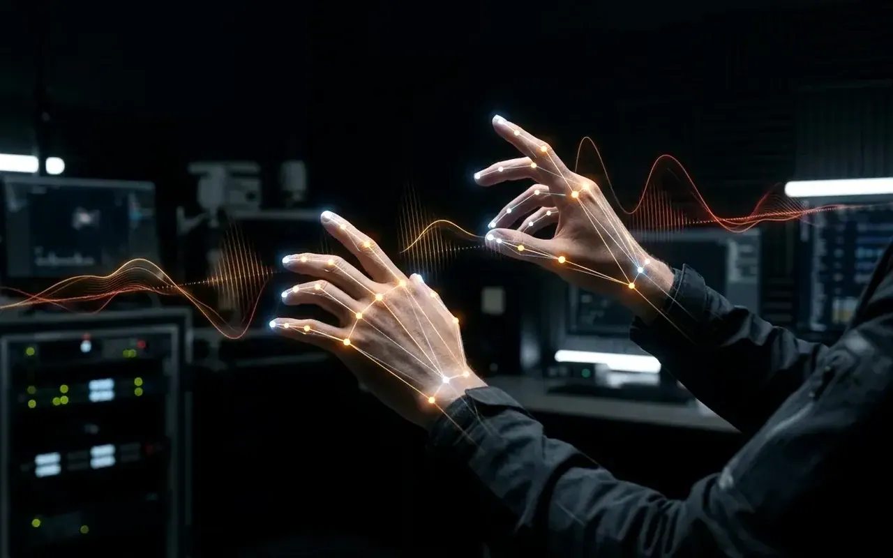 Spatial computer vision gesture tracking mesh and acoustic vernacular waveform synthesis
